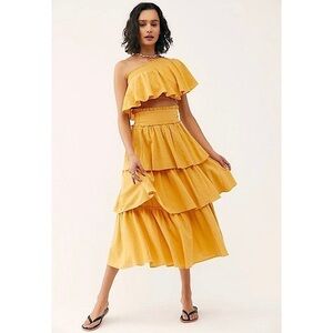 FREE PEOPLE 70s Ruffle Tier Ruched High Waist Flowy Textured Cotton Midi Skirt M